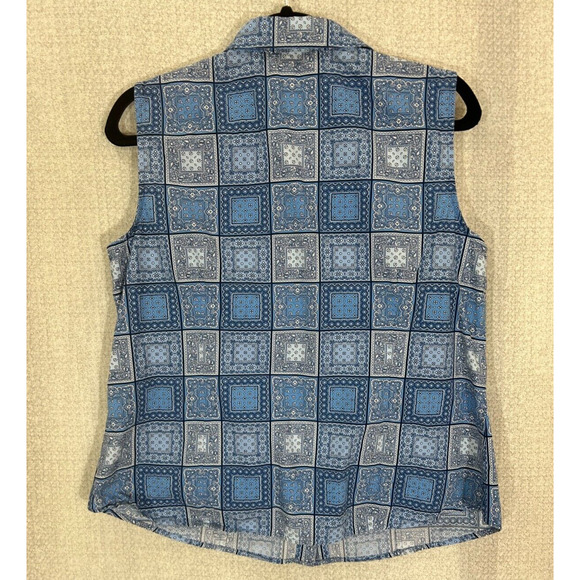 Vintage Talbots Womens Top Large Blue Country Patchwork Button Up Sleeveless - Picture 2 of 7